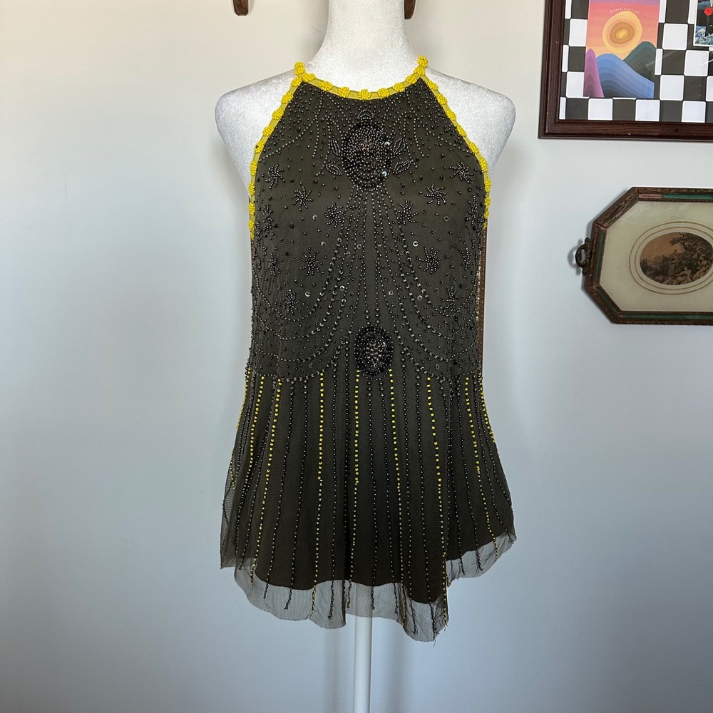 Willow & Clay Dark Grey Beaded Halter Top with Mesh Overlay and Yellow Trim